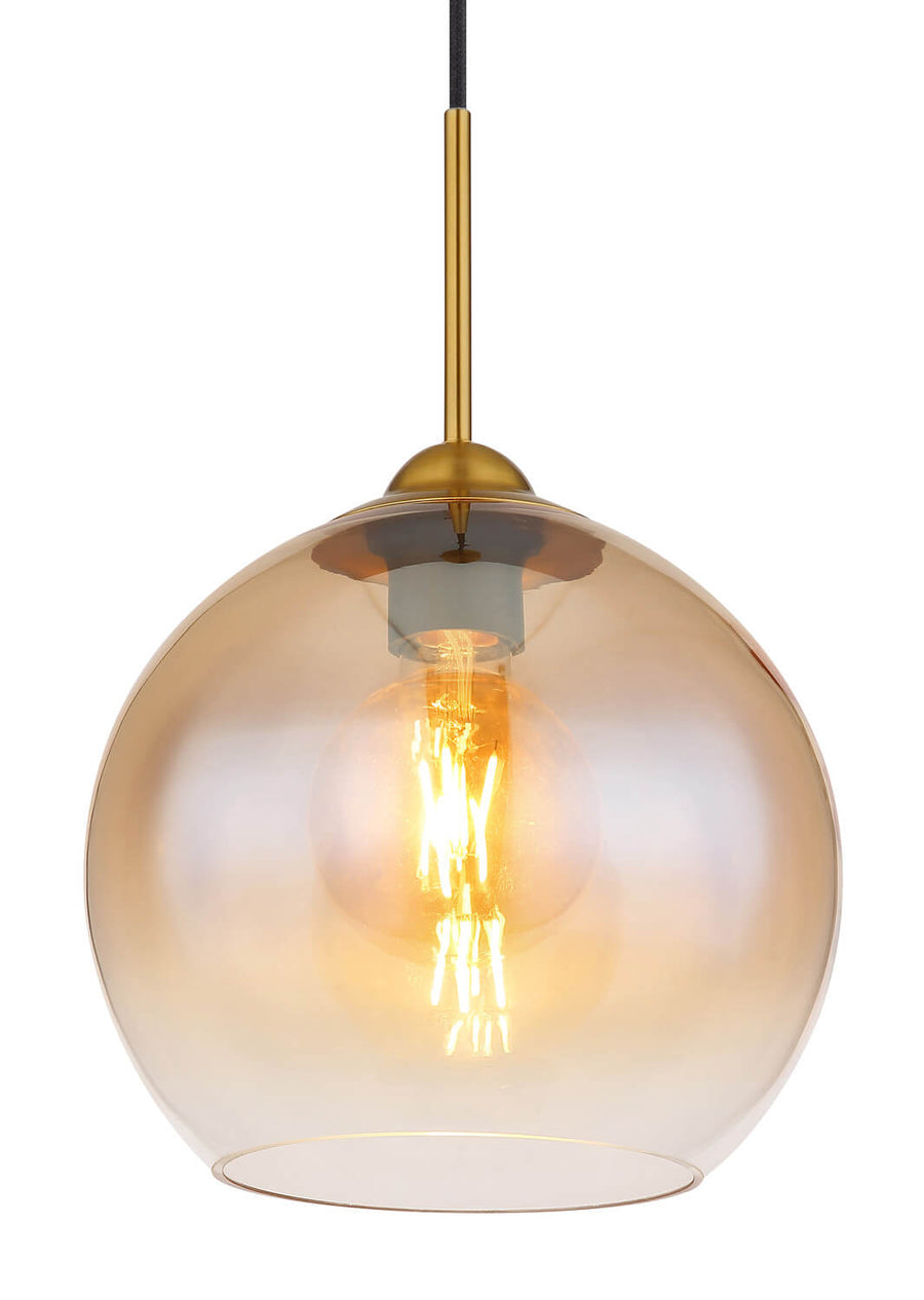 Gros plan du globe en verre ambré et de l'ampoule filament