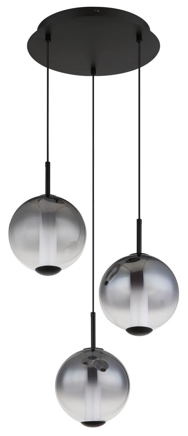 Suspension éteinte montrant les globes en verre fumé et les câbles noirs réglables