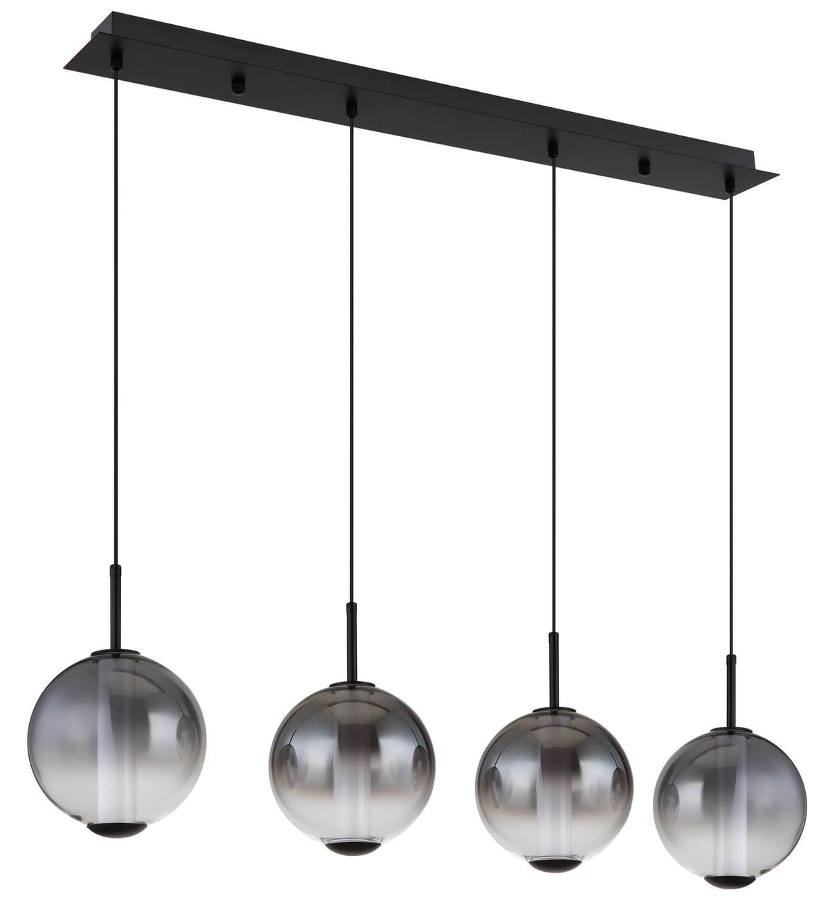Vue de face des quatre globes en verre fumé éteints, structure noire sur fond blanc.