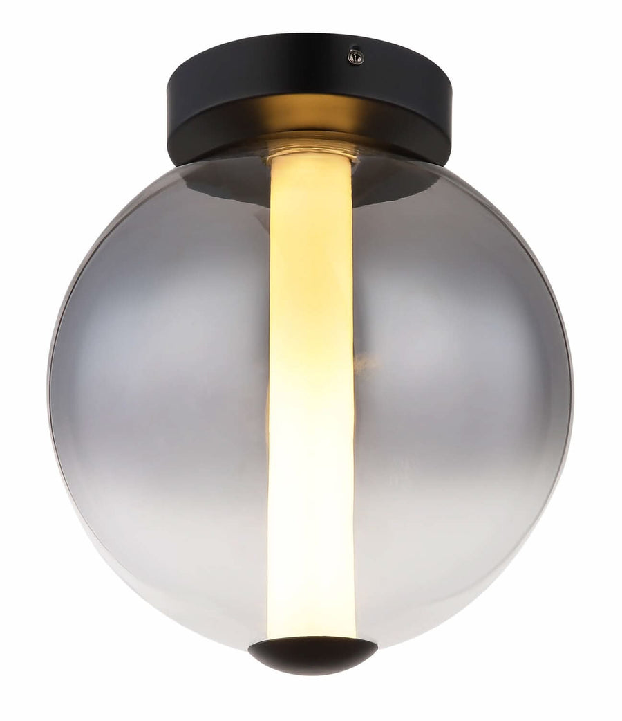 Gros plan sur le plafonnier noir avec globe en verre fumé et source LED verticale.