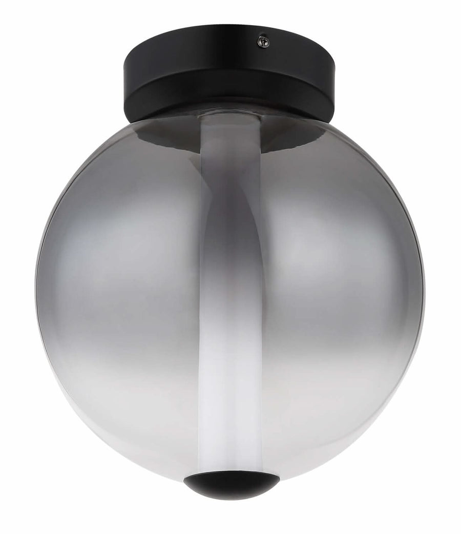 Présentation du plafonnier éteint avec son diffuseur central blanc et son globe en verre transparent.