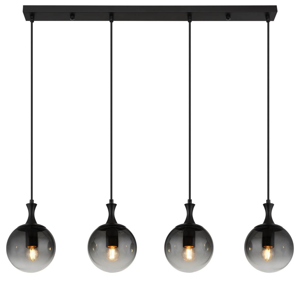 Produit de face, barre rectangulaire noire et quatre suspensions alignées sur fond blanc