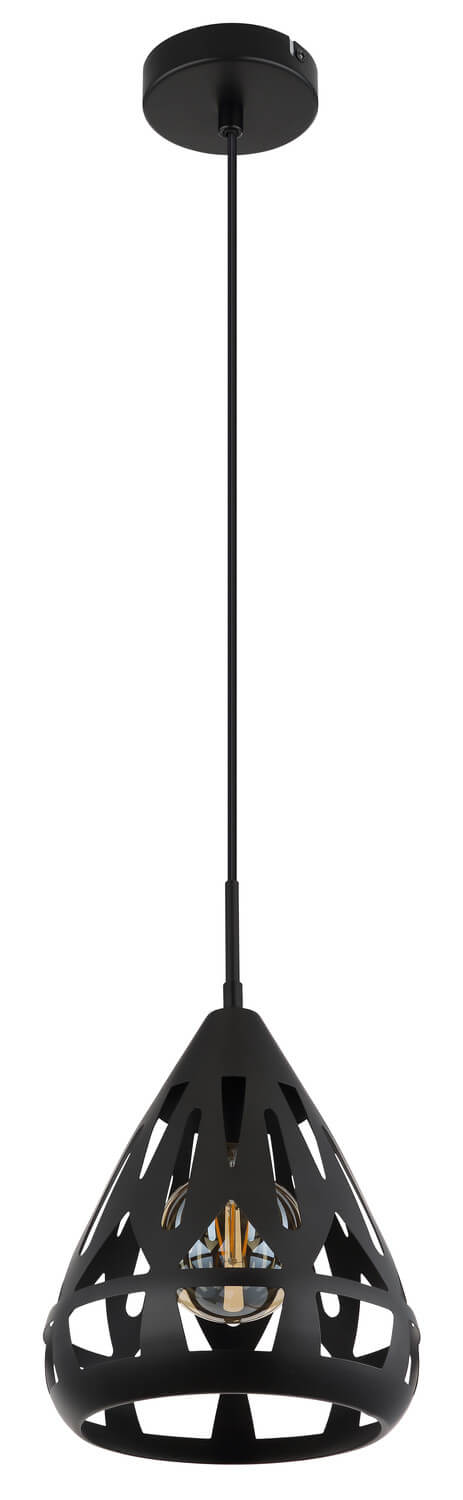 Luminaire suspendu noir mat, abat-jour ajouré en forme de cône, ampoule visible.