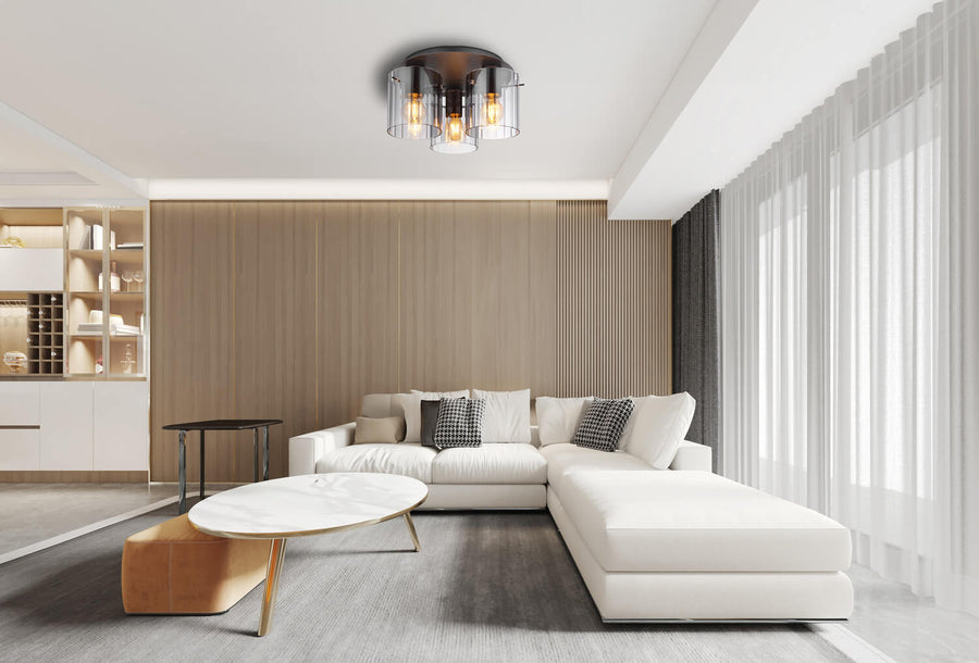 Plafonnier installé au plafond d'un salon moderne avec canapé blanc et rideaux
