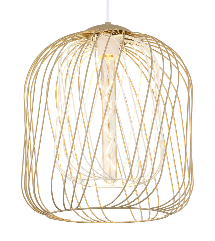 Détail de la finition : structure filaire dorée et ampoule LED allumée à l'intérieur