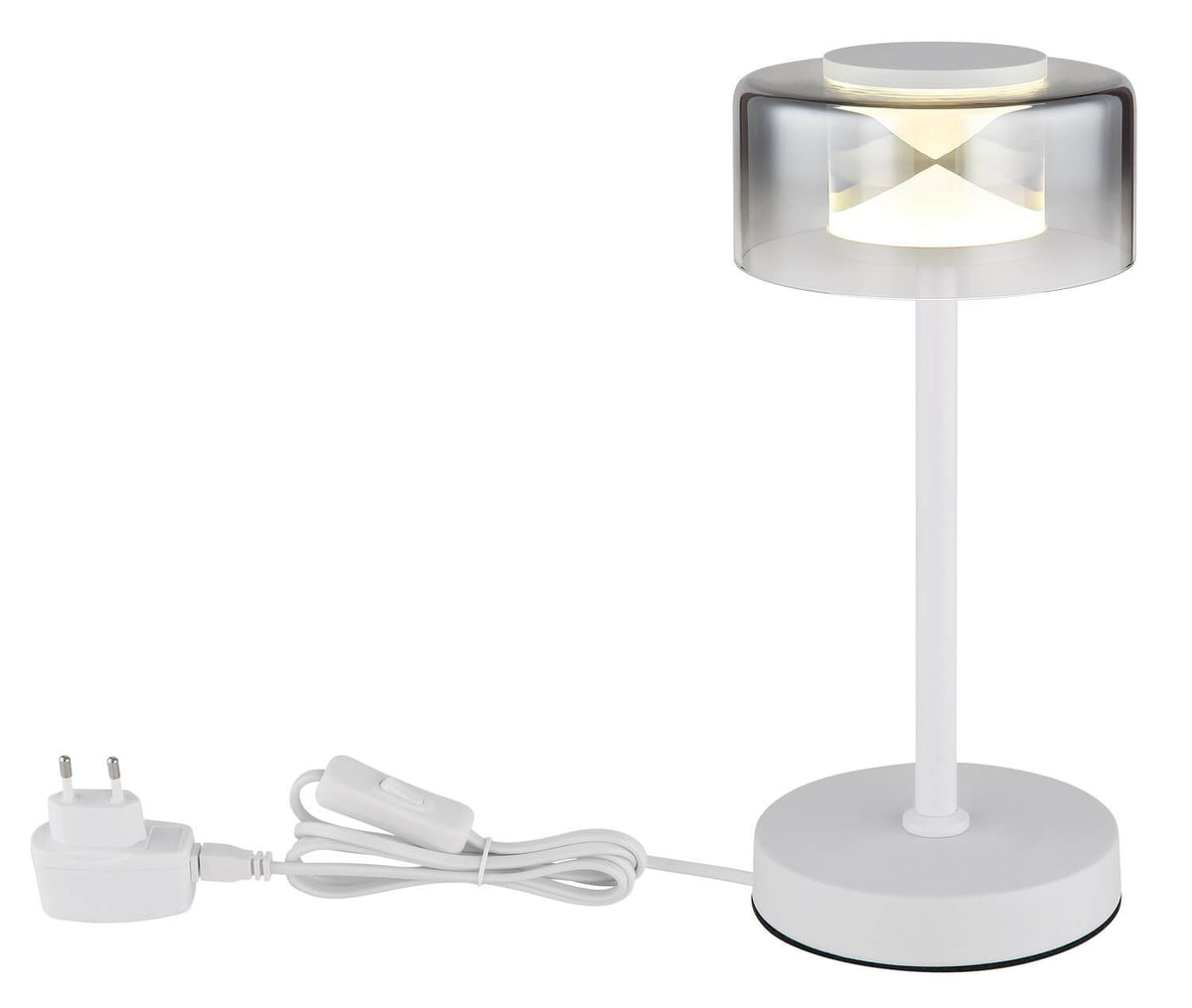 Lampe blanche avec câble d'alimentation, prise et interrupteur sur fond blanc.