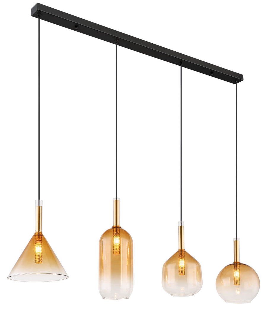 Suspension quatre lumières sur rail noir, verres ambrés de formes variées, fond blanc