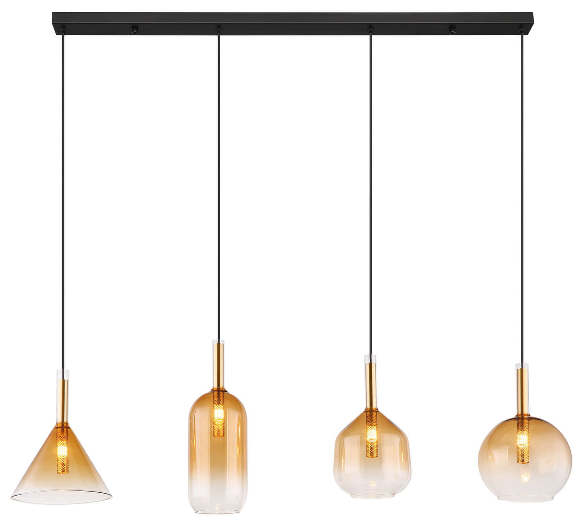 Vue de face, quatre globes en verre ambré suspendus le long du rail noir