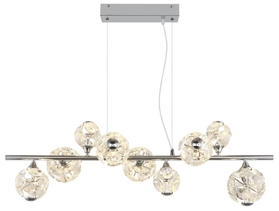 Produit de face : suspension linéaire avec neuf abat-jour sphériques et finition chromée.