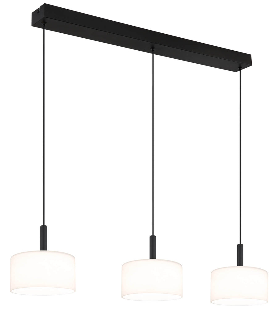 Vue de face sur fond blanc, trois abat-jours cylindriques suspendus sous un rail noir.