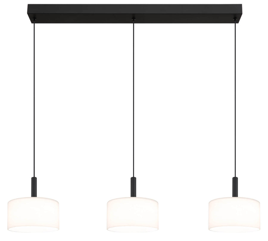 Vue frontale du luminaire éteint, rail rectangulaire noir et trois diffuseurs blancs opalins.
