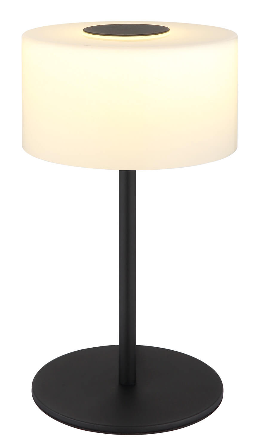 Lampe allumée vue de face, abat-jour blanc diffusant une lumière chaude