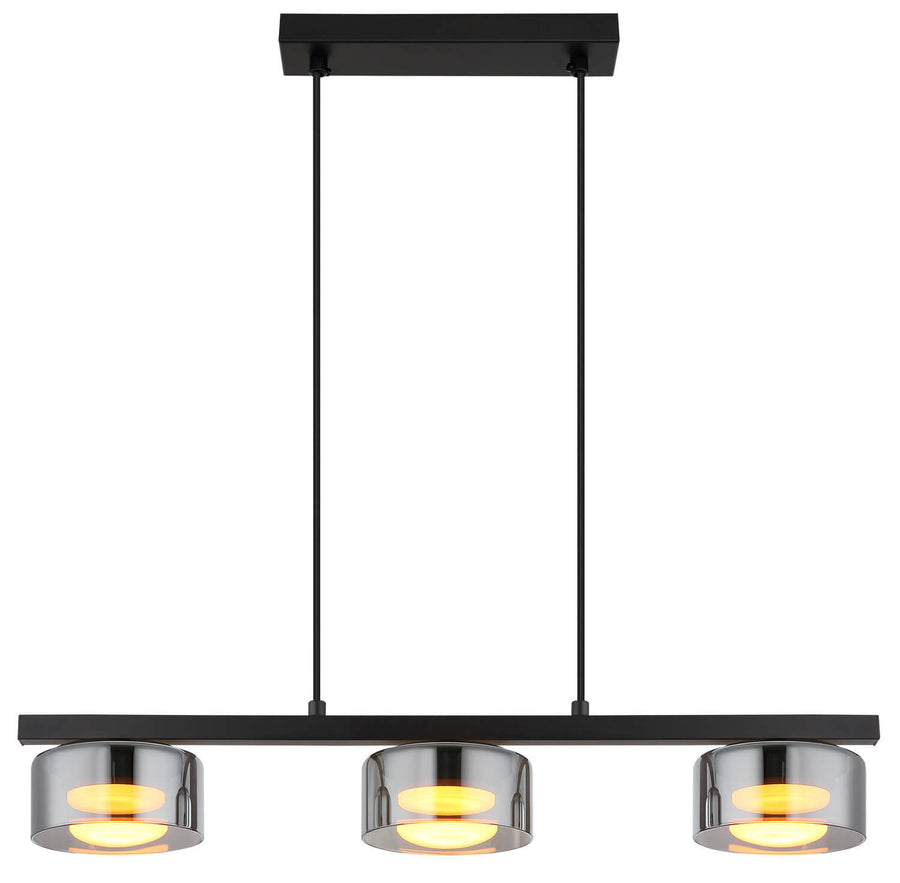 Face du luminaire éteint, structure noire et trois abat-jours cylindriques chromés suspendus