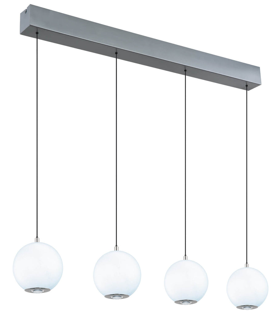 Autre angle du produit, quatre globes opalins alignés sous une longue barre métallique grise.