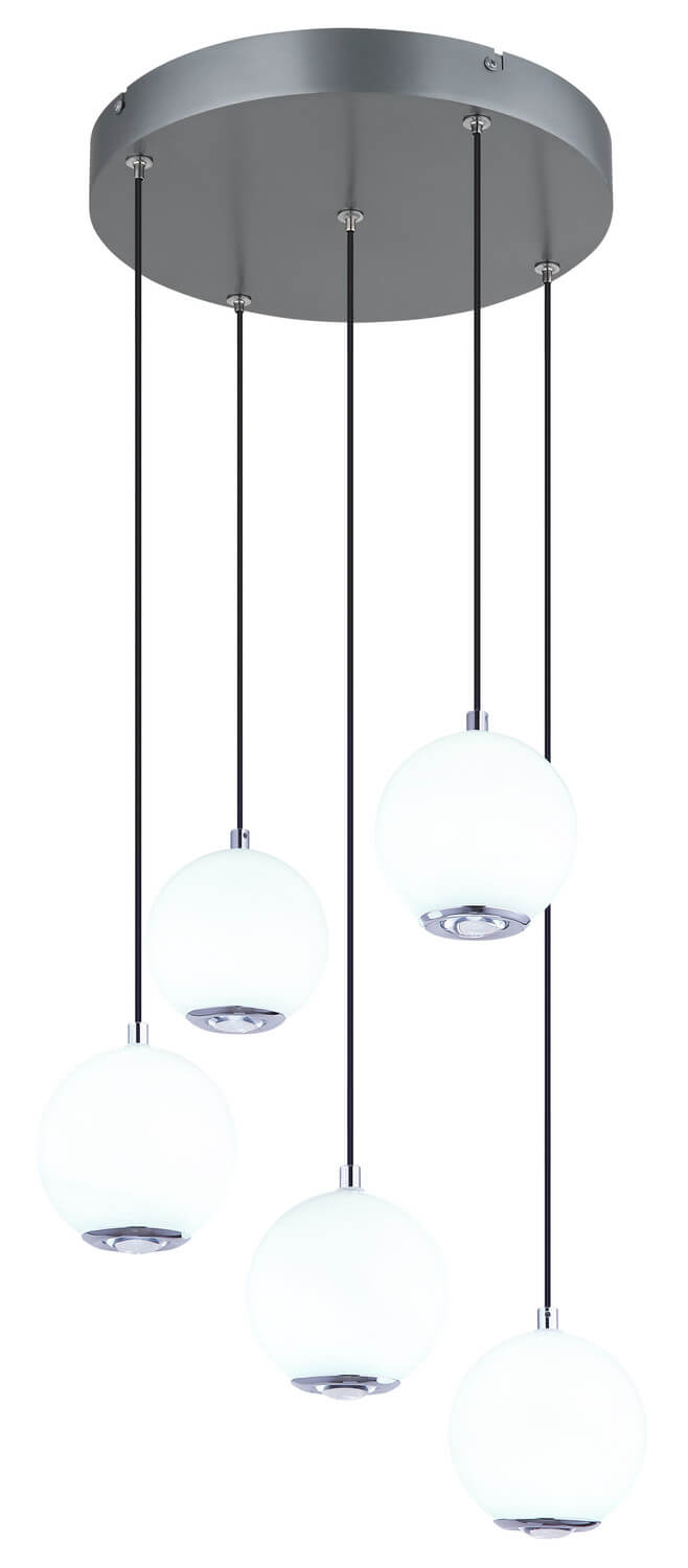 Présentation du luminaire sous un autre angle avec les globes blancs alignés