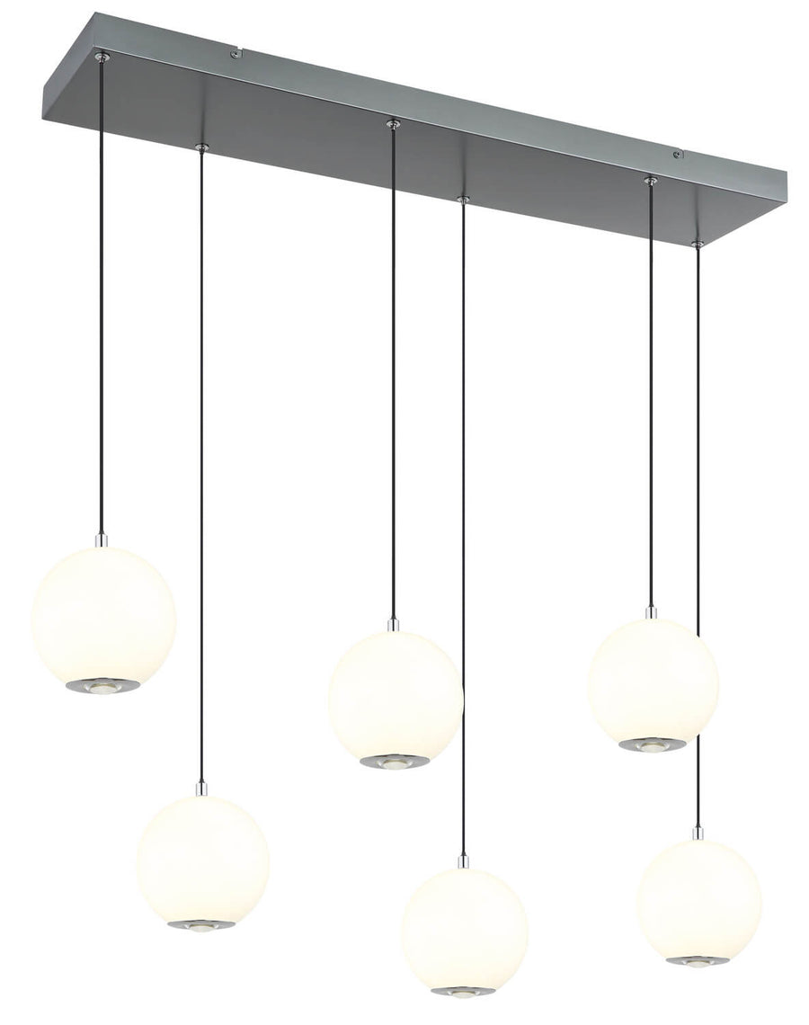 Suspension six globes de verre opalin blanc sous un grand plateau rectangulaire gris