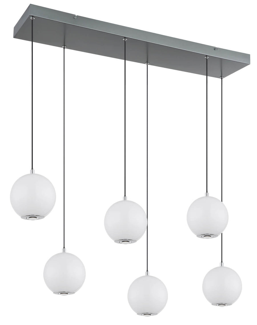 Vue de trois quarts du luminaire éteint, globes blancs opaques et câbles noirs