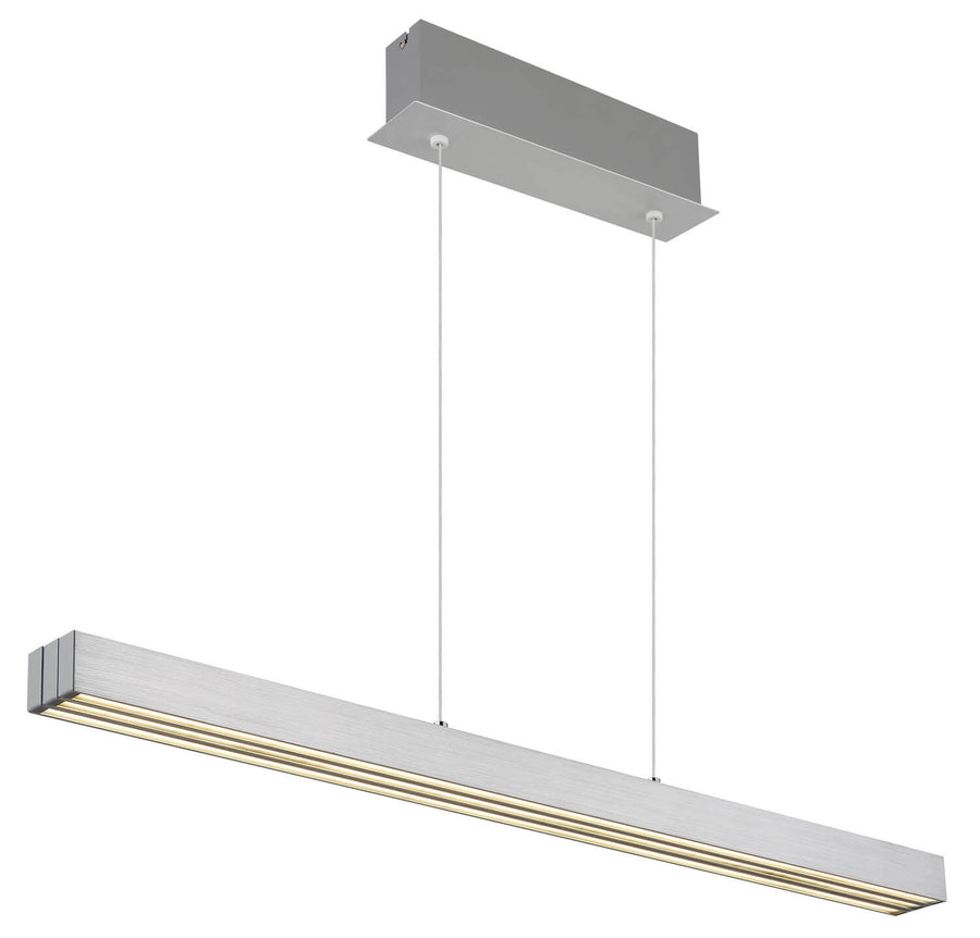 Suspension linéaire en aluminium brossé, vue de trois quarts, éclairage allumé
