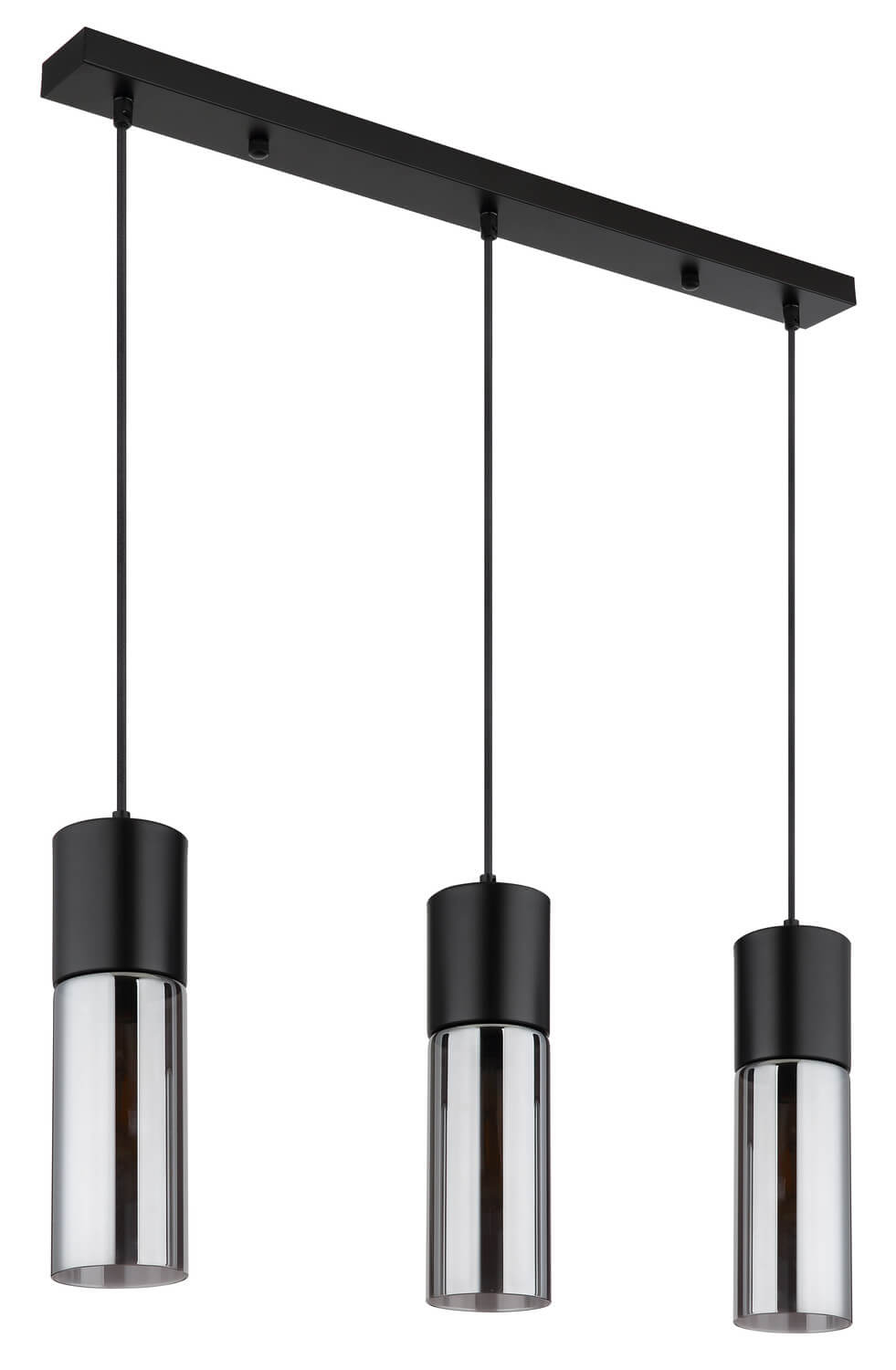 Suspension trois feux avec verre transparent et support noir, ampoules éteintes.