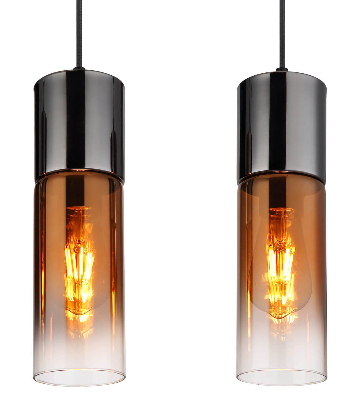 Détail rapproché de deux abat-jours cylindriques, verre dégradé et ampoule filament