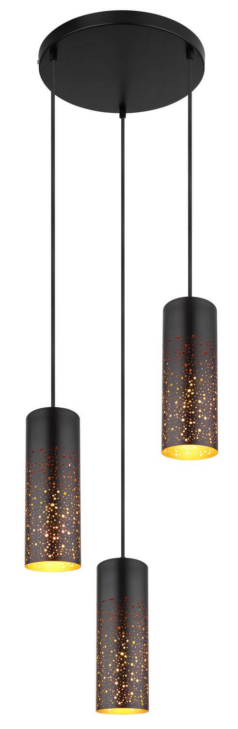 Vue verticale du luminaire montrant les trois câbles et abat-jours cylindriques