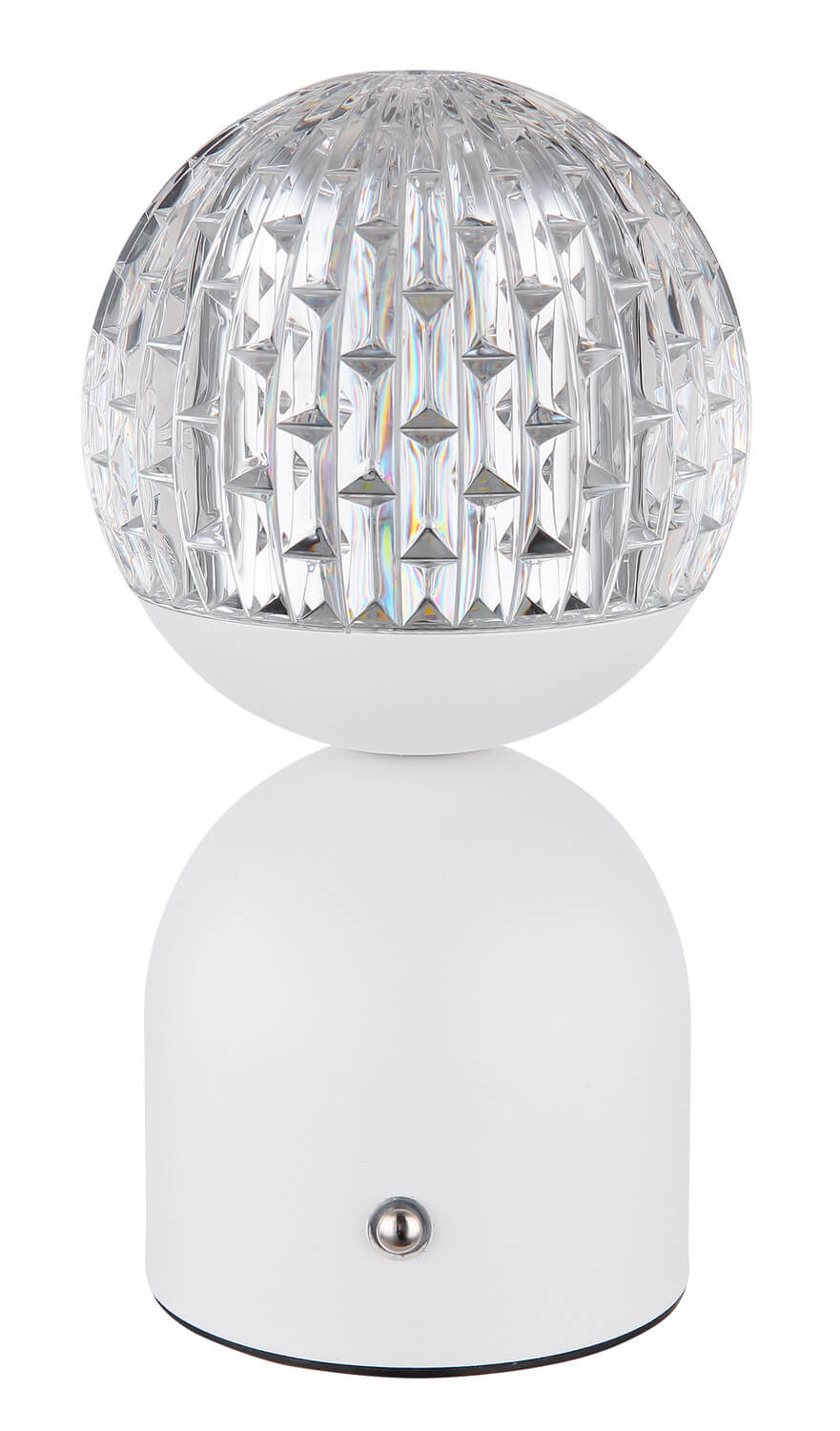 Vue détaillée de la lampe à poser blanche avec diffuseur sphérique en verre.