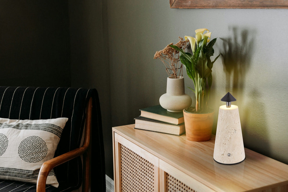 Mise en ambiance sur un meuble en bois, près d'une plante verte.