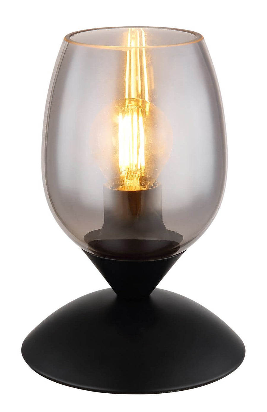 Gros plan sur l'abat-jour en verre fumé et l'ampoule à filament