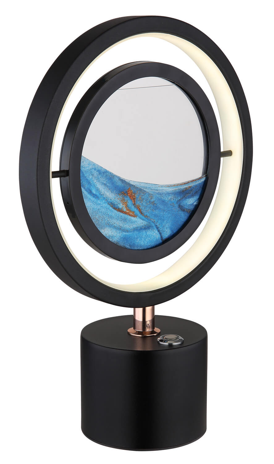 Vue rapprochée du luminaire rond, anneau LED allumé et base noire cylindrique.