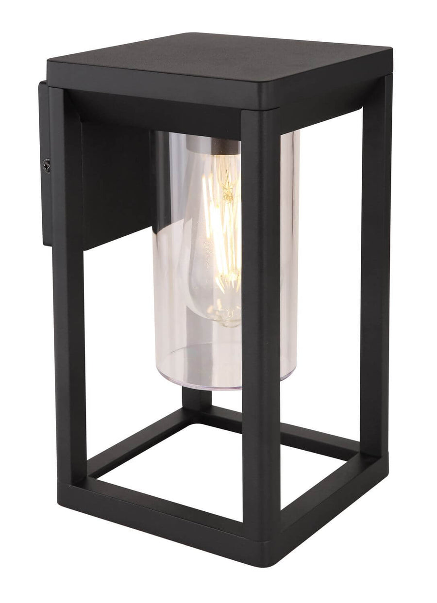 Vue de trois quarts du luminaire extérieur noir, détail du cadre et du verre cylindrique.
