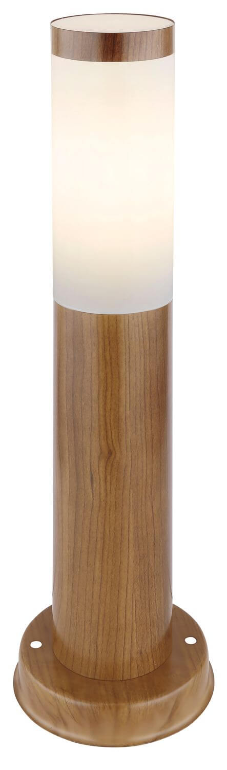 Luminaire extérieur cylindrique en bois et inox, vu de face sur fond blanc.
