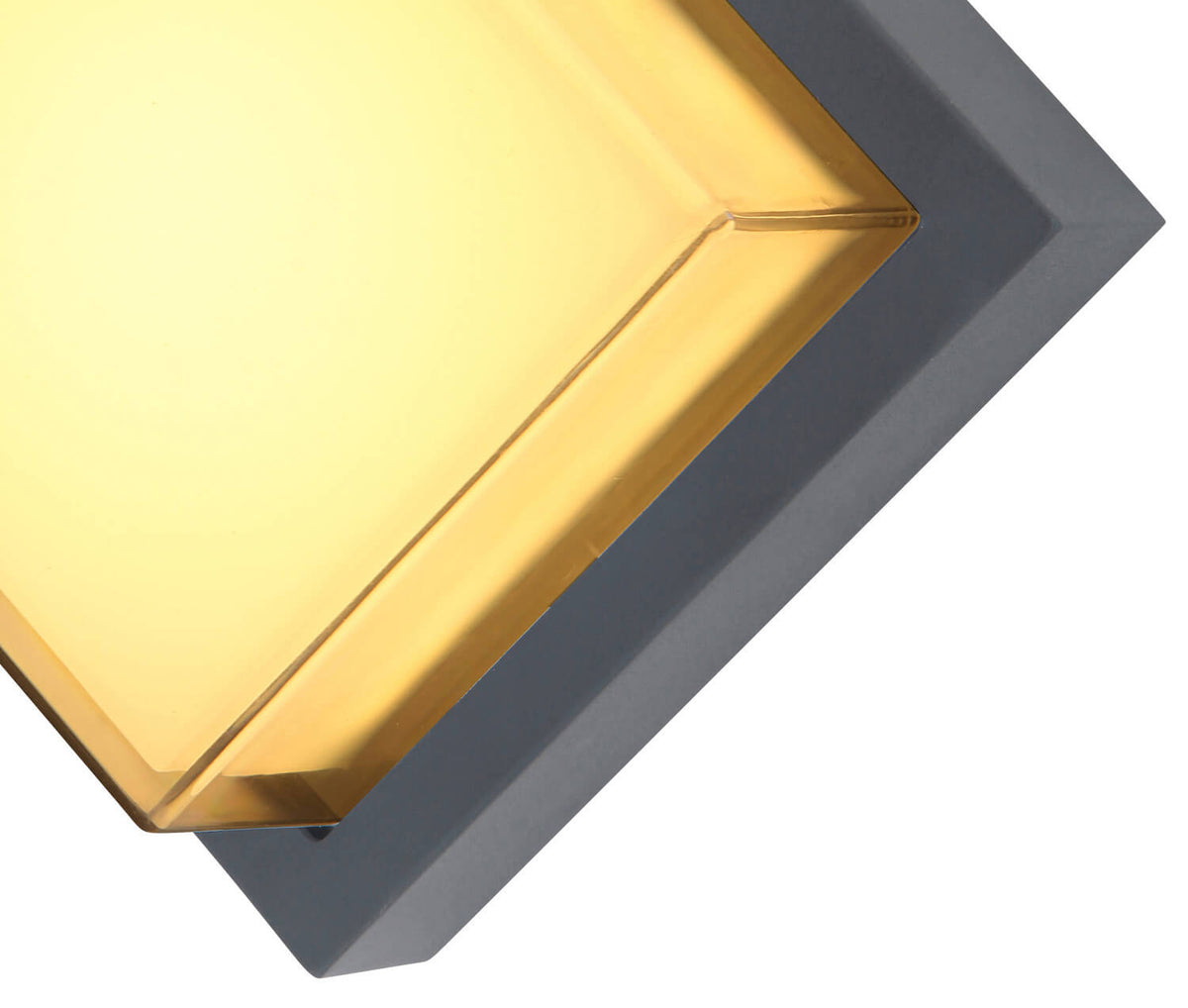 Détail rapproché du cadre aluminium anthracite et du verre ambré biseauté
