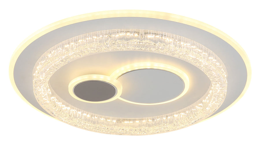 Vue allumée en lumière chaude révélant les LED sous l'anneau de verre