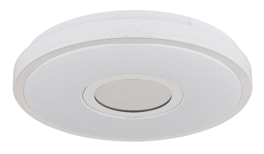 Luminaire éteint vu de trois quarts, capot blanc et finition lisse finement mouchetée