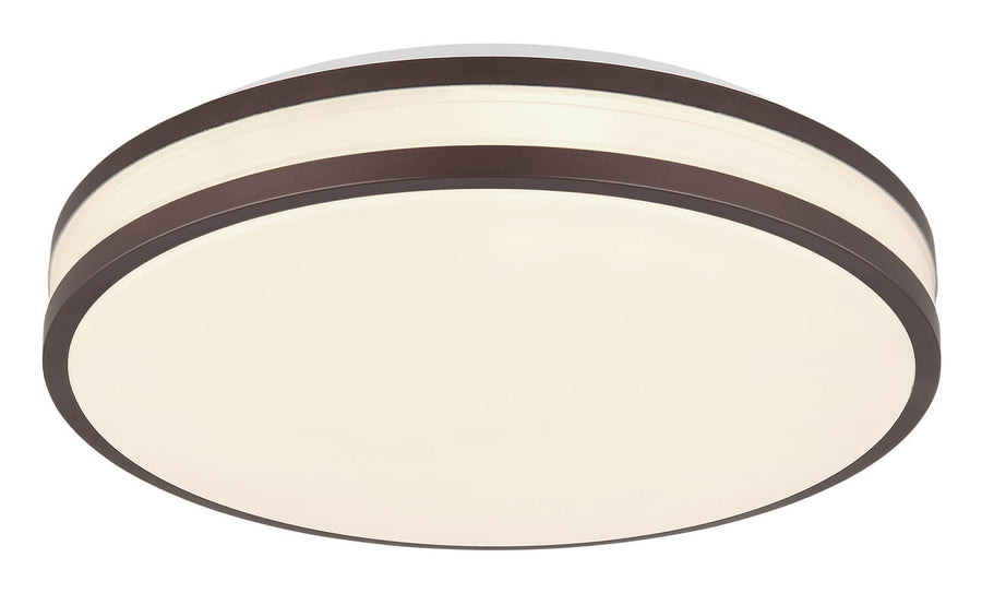 Vue rapprochée du plafonnier rond montrant le double cerclage marron et le diffuseur ivoire