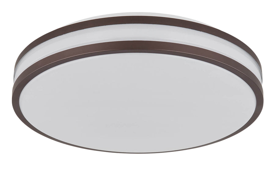 Vue de trois quarts du plafonnier rond avec diffuseur blanc et deux anneaux marron