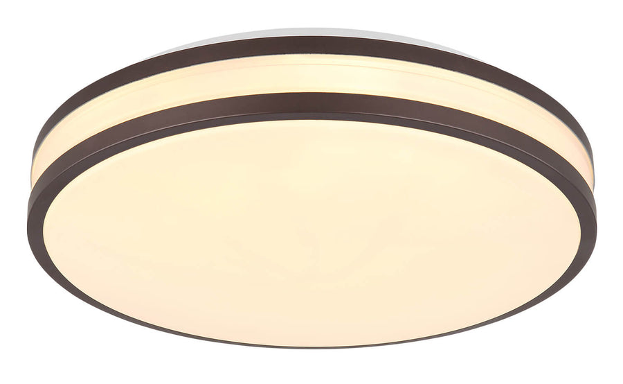 Plafonnier circulaire allumé en blanc chaud, cerclages marron et diffuseur opalin lumineux