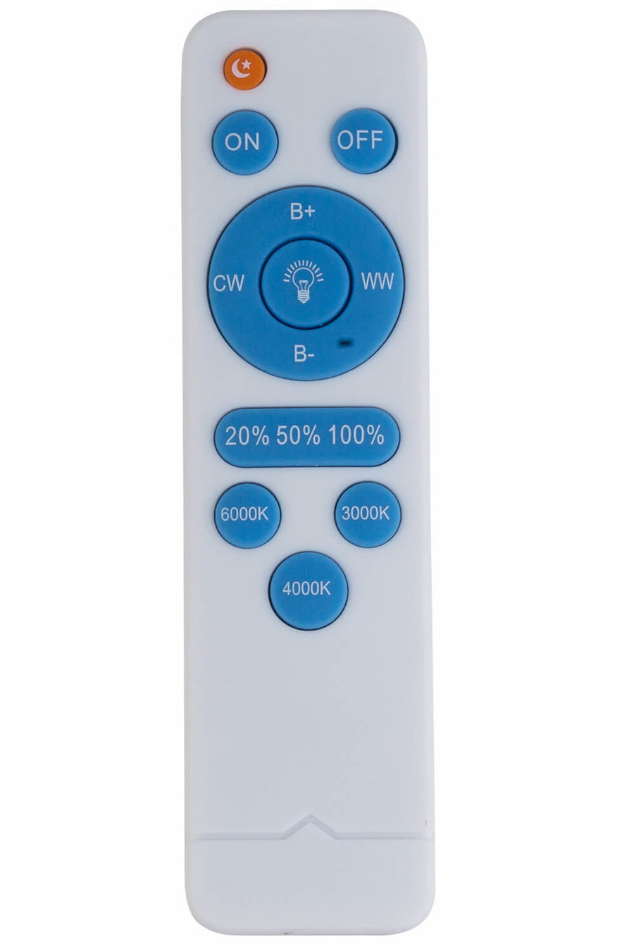 Télécommande blanche à boutons bleus pour régler intensité et température de couleur