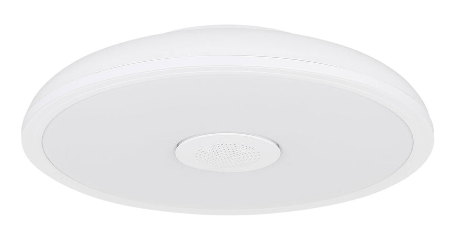 Vue de dessous du luminaire éteint, diffuseur opale et grille centrale perforée.