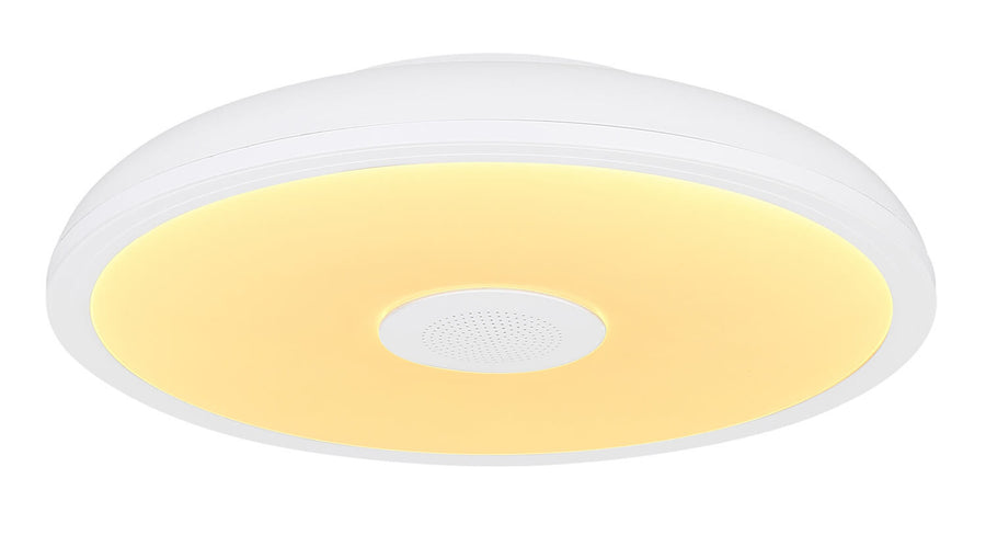 Plafonnier rond en lumière chaude jaune, vue rapprochée en contre-plongée.