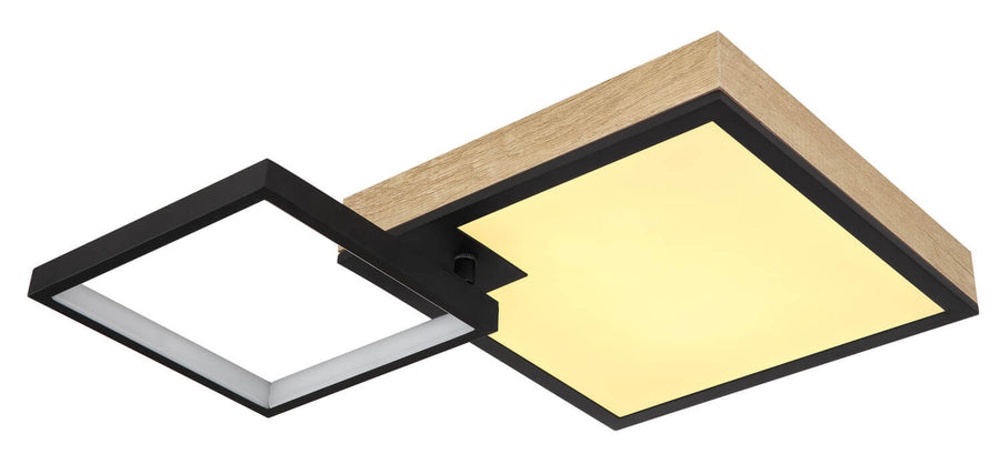 Vue de dessous du plafonnier allumé, lumière chaude et bordure bois