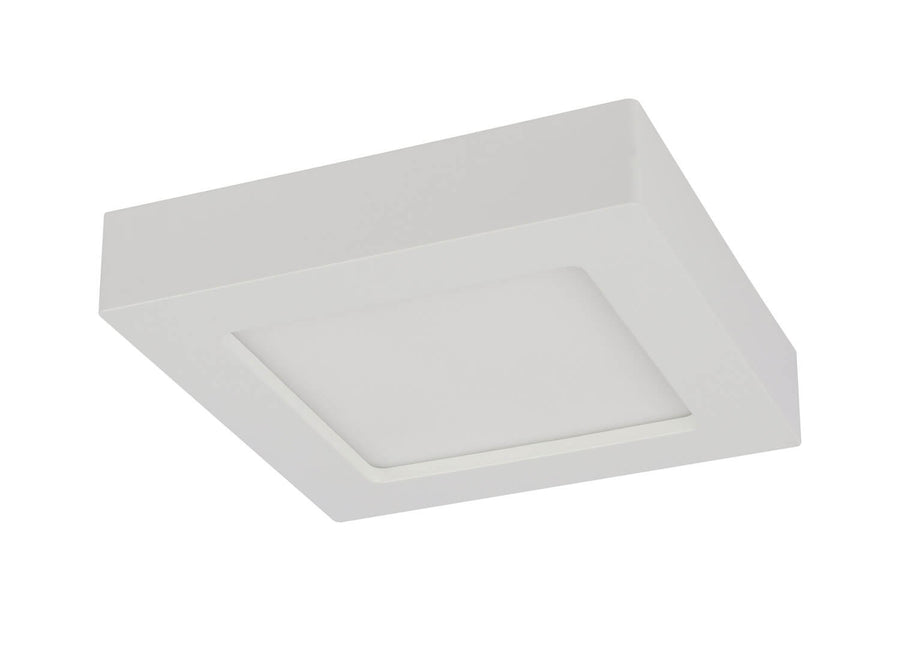 Vue de dessous du plafonnier éteint, cadre blanc et diffuseur opale légèrement encastré.