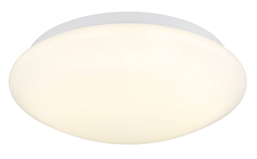 Gros plan sur le diffuseur bombé ivoire et la collerette blanche du luminaire