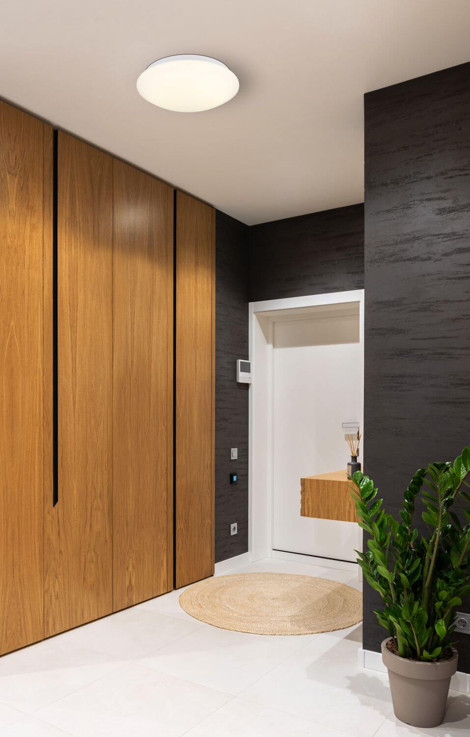 Mise en ambiance dans une entrée sombre avec placard bois et tapis rond