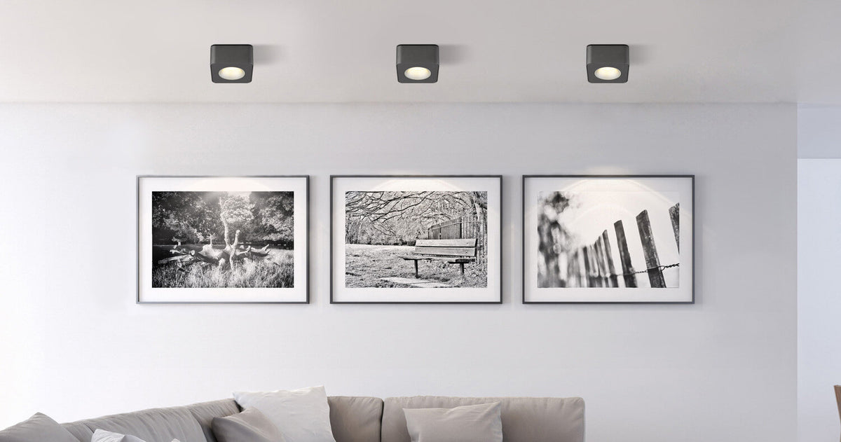 Trois spots identiques fixés au plafond blanc au-dessus de cadres photo