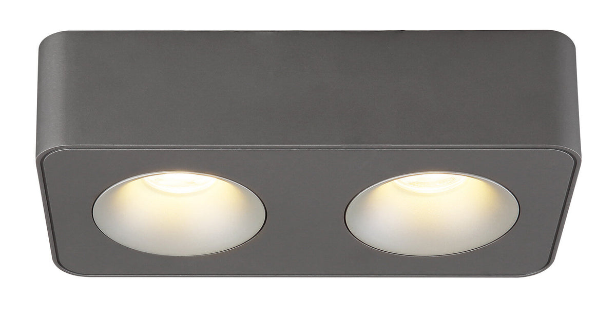 Vue frontale du luminaire rectangulaire gris, deux verres dépolis éclairés, fond blanc