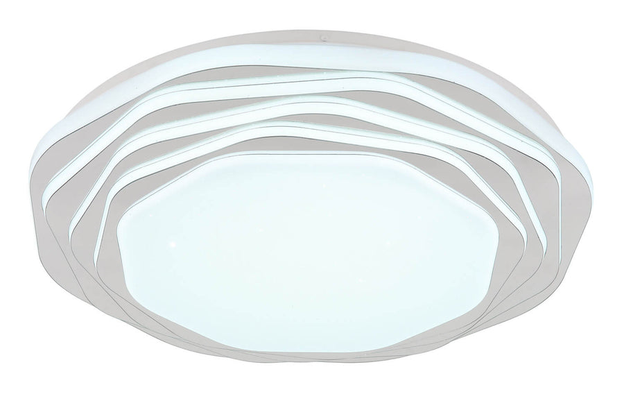 Plafonnier allumé en lumière froide, halo blanc bleuté sous le diffuseur central