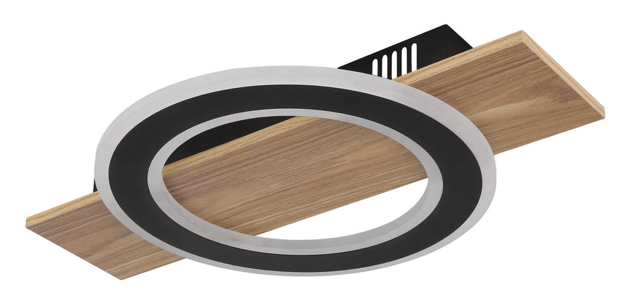 Détail du luminaire éteint, anneau noir et traverse en bois clair.