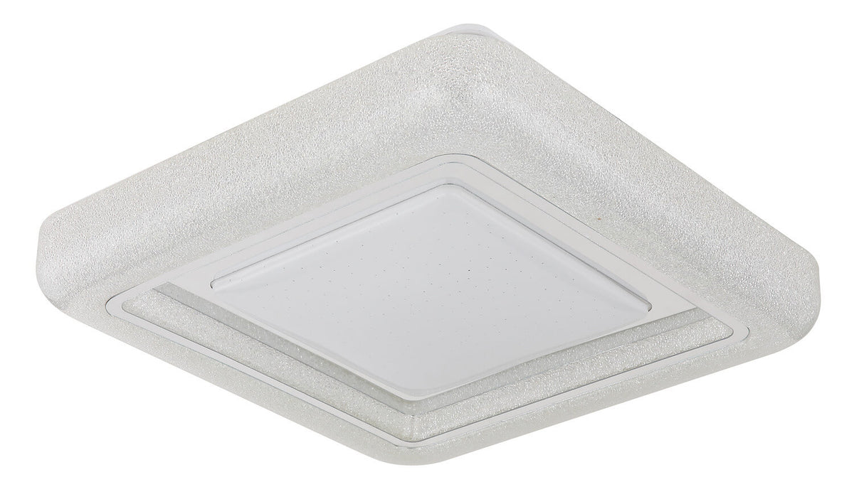 Vue de biais du luminaire blanc, montrant la bordure en verre granulé.