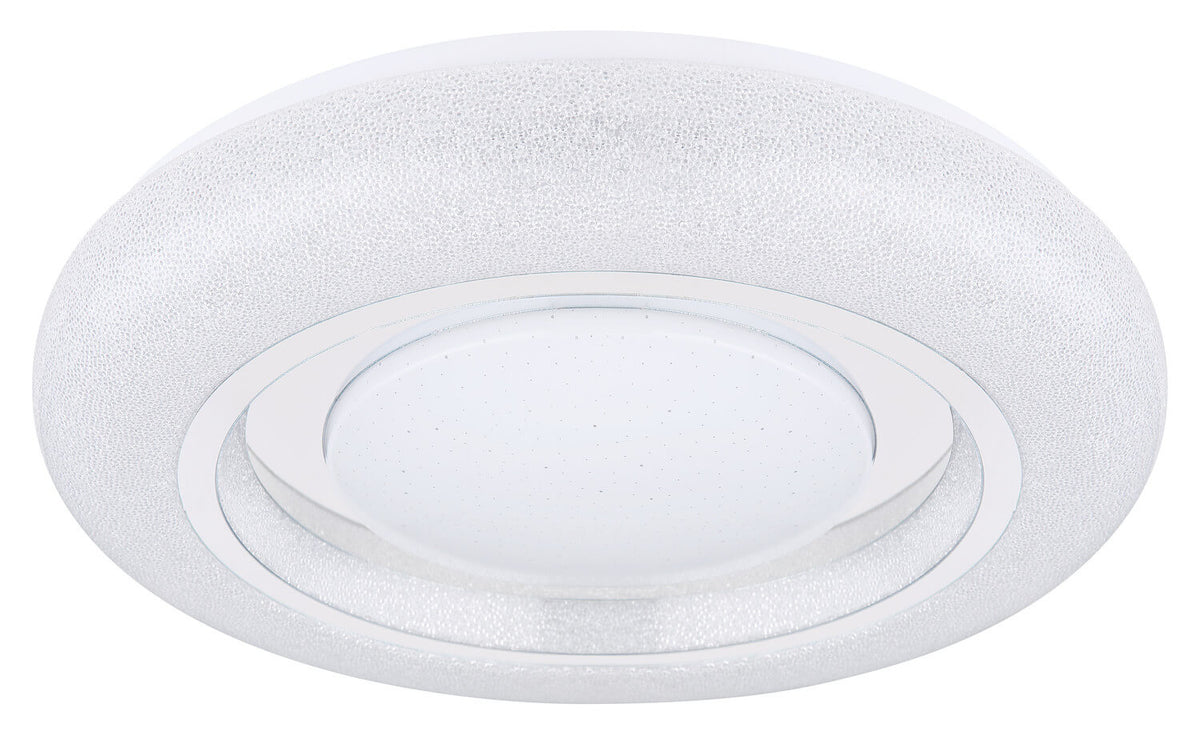 Plafonnier éteint vu de face, verre blanc finement granité et cercles concentriques